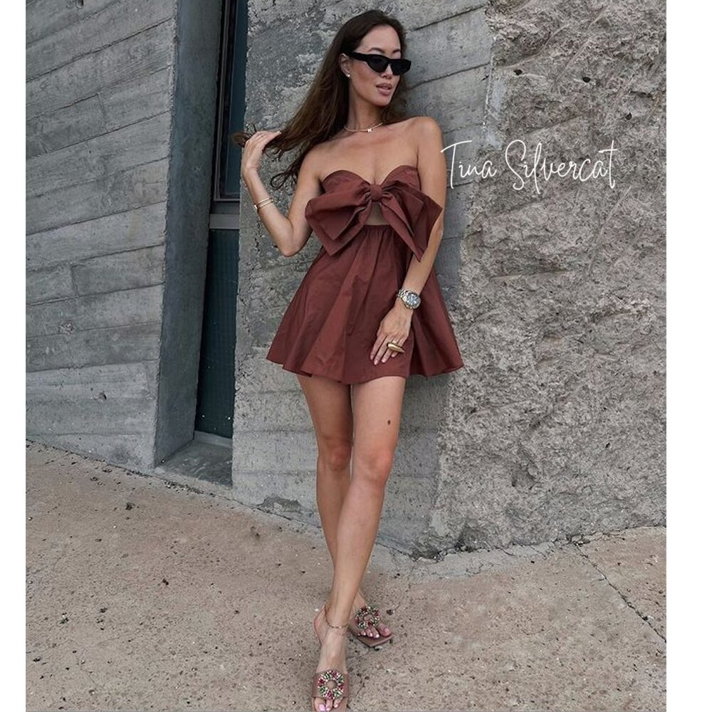 Zara Strapless Bow Mini Cocktail Dress Clay Brown S NWT - Picture 4 of 14